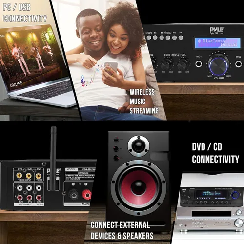 Vista 4 de Pyle Micrófono inalámbrico Amplificador Bluetooth Receptor de audio estéreo - Incluye micrófono inalámbrico, altavoz PA para interiores y exteriores