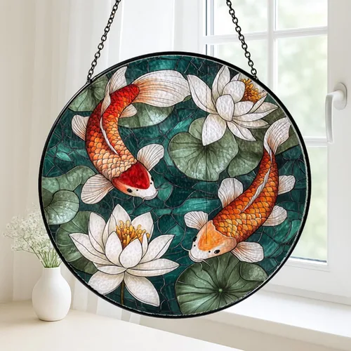 Vista 2 de Koi Pond Glass Suncatcher, Zen Inspired Window Decor Gift