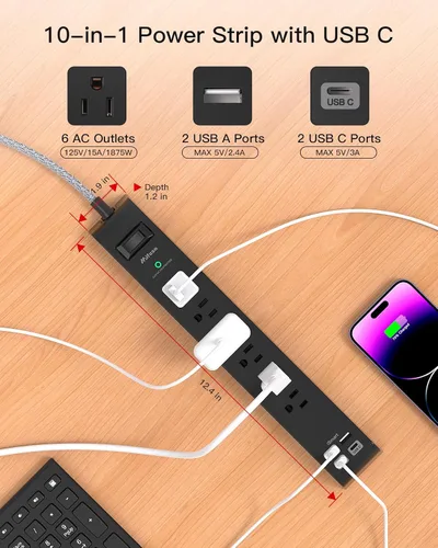 Vista 2 de Paquete de 2 cables de extensión de 10 pies con múltiples tomas, regleta protectora de sobretensiones con 6 tomas, 4 puertos USB, enchufe plano