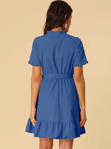 Vista 4 de Allegra K Vestido camisero de algodón ajustado y acampanado para mujer con cinturón y botones frontales con volantes, M