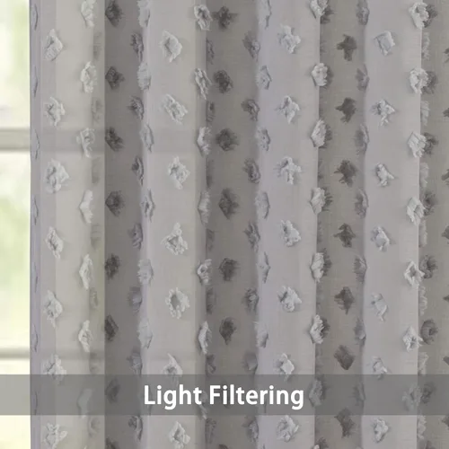 Vista 3 de DriftAway Olivia - Cortinas transparentes de gasa gris de vellón bordado para ventana con pompones, 2 paneles con pliegue para barra de 52 pulgadas