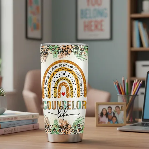 Vista 7 de 4LIEUBASMI Vaso de 20 onzas para consejero escolar, semana de agradecimiento al consejero, moderno multicolor con estampado de letras de arco iris
