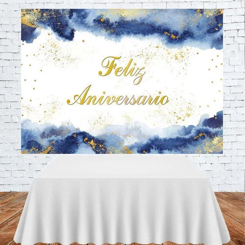 Vista 3 de Lofaris Telón de fondo de feliz aniversario, decoración de fiesta de feliz aniversario, nubes de acuarela azul rubor, purpurina dorada, fondo