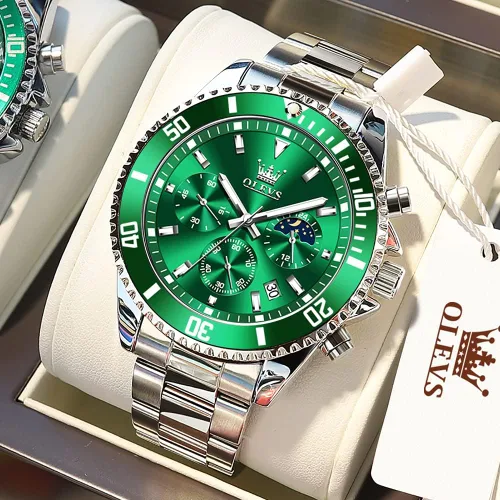 Vista 2 de OLEVS Mens Big Face Watches Stainless Steel Waterproof Date Analog Quartz Watches Fashion Business Chronograph Moon Phase Wrist Watches for Men
