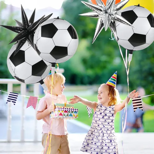 Vista 5 de 6 globos de fútbol, 3 globos de papel de aluminio con forma de estrella puntiaguda para decoraciones de fiesta de fútbol, globos de Mylar de fútbol