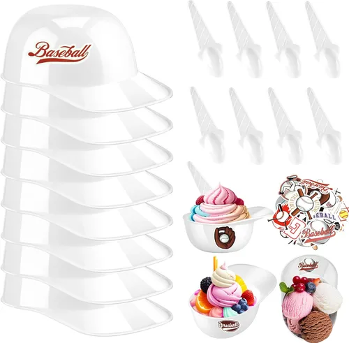 Vista 9 de MEEZY Juego de 16 cuencos de helado con diseño de casco de béisbol con 8 mini tazas de postre y 8 cucharas, 8 onzas. Cuencos reutilizables