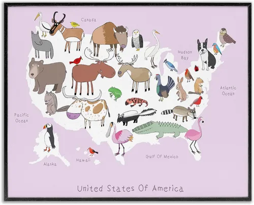 Vista 14 de Estados Unidos de América Mapa de Animales Kid's' Arte Giclée enmarcado Blanco costero (Texturado)