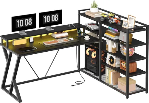 Vista 8 de RALGEND Escritorio para juegos en forma de L con estantería, escritorio reversible para computadora de 52 pulgadas con luz LED y toma de corriente