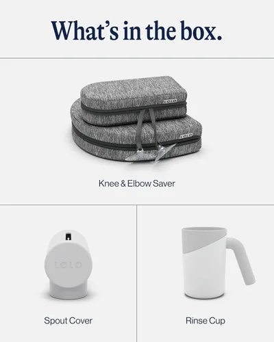 Vista 2 de Lalo Artículos esenciales para el baño, incluye protector de rodilla y codo, taza de enjuague y cubierta de boquilla, artículos esenciales de baño