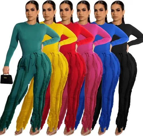 Vista 4 de 2 Piece Outfits for Women Sexy - Solid Long Sleeve One Piece Tops Fringe Tassel Long Pants Jumpsuits Sets