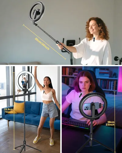 Vista 7 de Kit de vlogging para iPhone/Android, anillo de luz de 10 pulgadas con soporte, trípode de 74 pulgadas para iPhone con luz, micrófono, kit de inicio