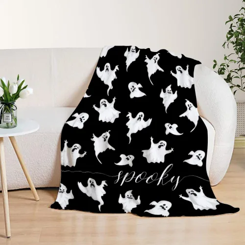 Vista 6 de YeeJu Manta de Halloween pequeña de fantasma espeluznante negro, manta de Halloween para bebé, manta acogedora suave y ligera de felpa de forro