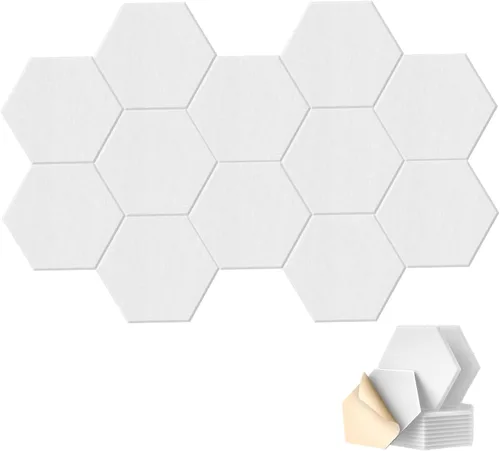 Vista 12 de HONORIA Paquete de 12 paneles acústicos, paneles de pared insonorizados, paneles hexagonales autoadhesivos de 12 x 10 x 0.4 pulgadas, paneles
