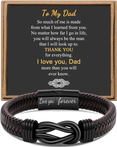 Vista 11 de Regalo para Hombres Pulsera Infinita para Hombres Papá Marido Novio Hijo Nieto Hermano Sobrino Tío Cuero Trenzado Marrón Siempre Unidos Acero