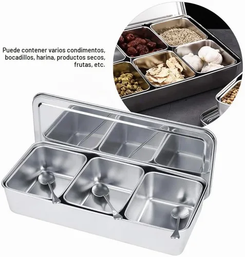 Vista 4 de Servidor de condimentos, tarro de condimentos de acero inoxidable de grado alimenticio de 21 onzas con cuchara y tapa, 3 compartimentos extraíbles