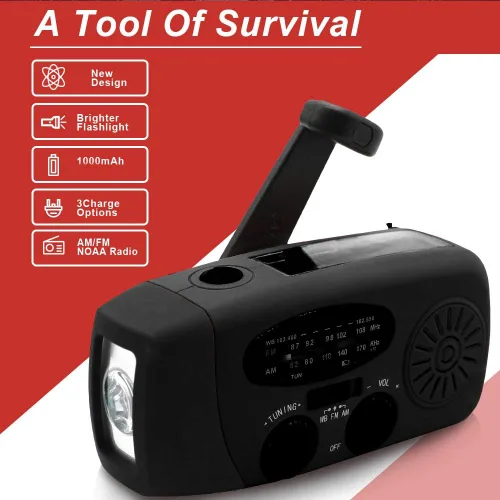 Vista 3 de Radio solar portátil de emergencia meteorológica manivela AM/FM NOAA radio de supervivencia con linterna LED 2000mAh cargador de teléfono móvil