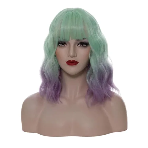 Vista 36 de Cying Lin Peluca corta ondulada y rizada con flequillo azul para mujer, peluca para cosplay, Halloween, resistente al calor, peluca de fiesta