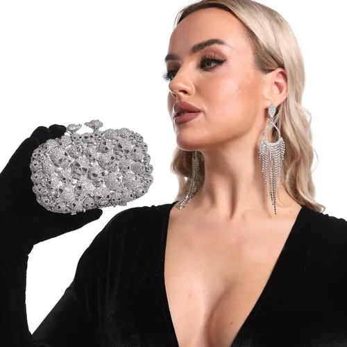 Vista 7 de Boutique De FGG Bolso de mano de cristal de calavera para mujer, bolso de mano de noche con diamantes de imitación, para fiesta, graduación