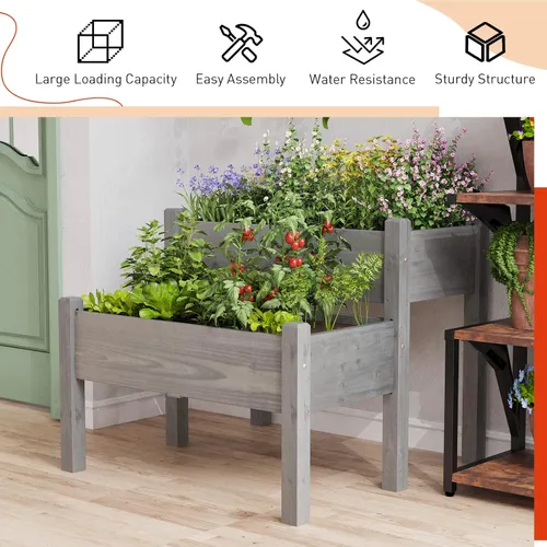 Vista 4 de Giantex Juego de 2 camas de jardín elevadas, caja de madera elevada, kit de cama elevada para flores, verduras, frutas, hierbas, contenedor de Gris