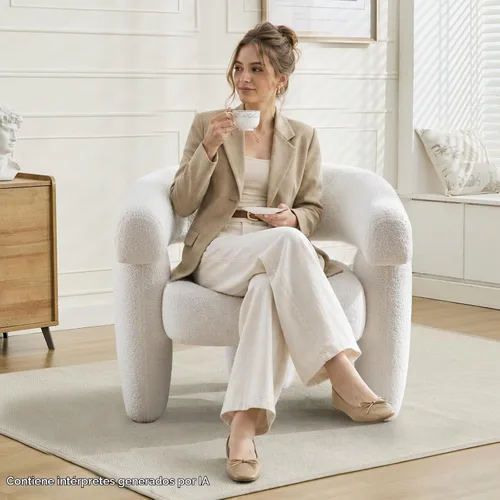 Vista 4 de Silla de barril moderna de mediados de siglo, tipo Accent, cómoda, tapizada, redonda, con diseño de montaje, sillón de salón de estilo Sherpa Boucle