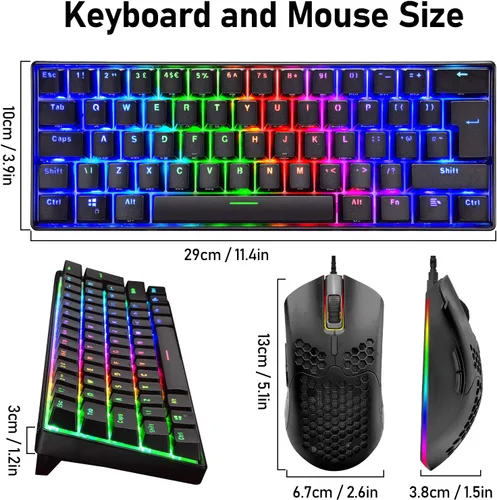 Vista 9 de Teclado mecánico para juegos y mouse ligero de panal con retroiluminación RGB arco iris, 61 teclas, ergonómico, programable, con cable, USB