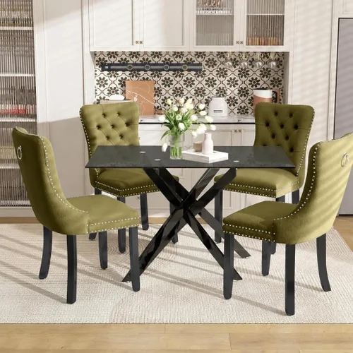 Vista 24 de Juego de mesa de comedor de 51 pulgadas de vidrio para 4, mesa de cocina rectangular de vidrio con 4 sillas tapizadas con acentos de terciopelo