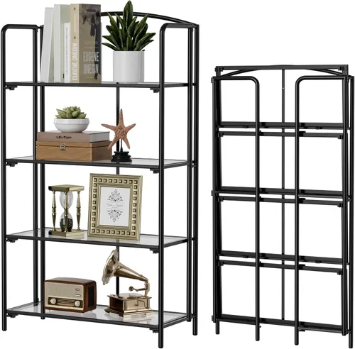 Vista 17 de Crofy - Estantería plegable sin montaje para sala de estar, estantería plegable de 2 niveles en color negro para oficina en casa, organizador