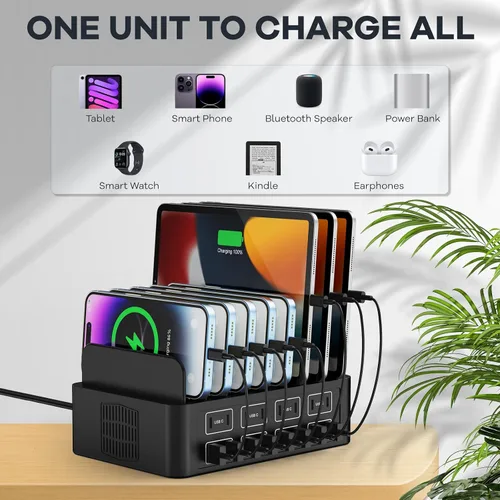 Vista 3 de Estación de carga de 150W/35A para múltiples dispositivos, RUANSZZ Estación de carga rápida de 16 puertos USB-C, Organizador de carga múltiple