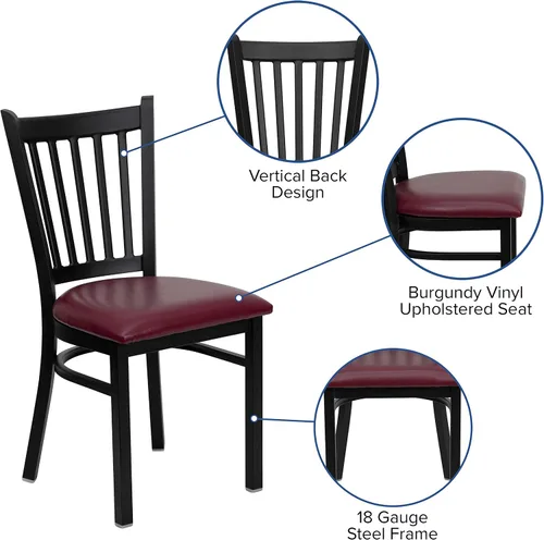 Vista 4 de BizChair Silla de restaurante de metal con respaldo vertical negro - Asiento de vinilo burdeos