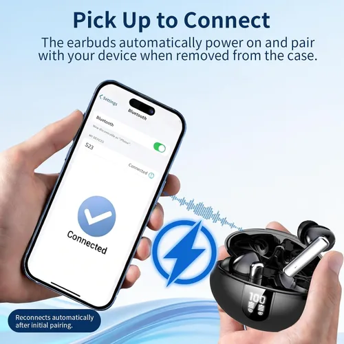 Vista 7 de Auriculares inalámbricos Bluetooth, pantalla de alimentación LED con funda de carga inalámbrica, reproducción de 35 horas, IPX4 impermeable