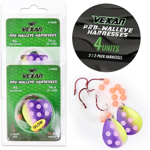 Vista 8 de Vexan Glow Walleye Spinner Rig - Live Bait Fishing Rig for Walleye with UV Glow Beads, #4 Colorado Spinning Plates, #2 Red J-Hook Setup, 48” Mono