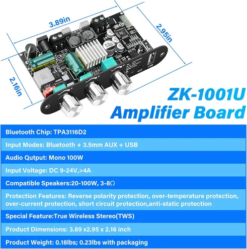 Vista 7 de Daakro 2 unidades ZK-1001U Mono Bluetooth Amplificador Board w/TWS, 100W Pico Power Home Audio Amplificador de Audio, Amplio Voltaje Entrada 9-24V