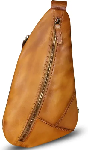 Vista 2 de Bolso bandolera de cuero genuino para motocicleta, bolso hecho a mano, mochila de senderismo, mochila de hombro retro vintage, Marrón claro , M