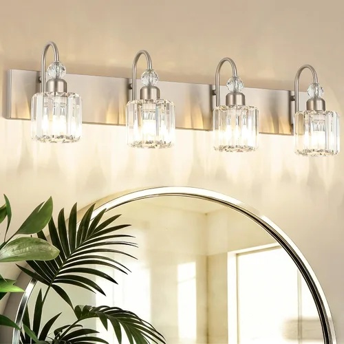 Vista 25 de Ralbay Modernas luces LED de cristal para tocador de baño, 3 luces de acero inoxidable, luces de tocador de cristal sobre el espejo, accesorios