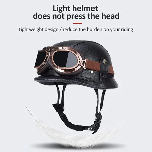 Vista 3 de Casco de motocicleta de cuero alemán SWSAL de cara media, 100% aprobado por DOT/ECE, casco de media carátula con gafas, casco retro de cara abierta