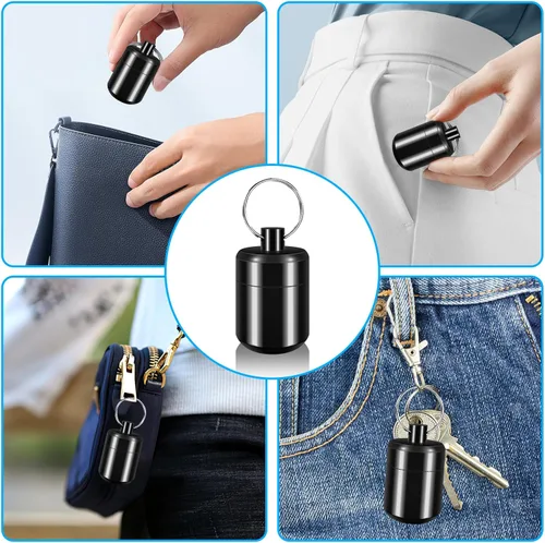 Vista 5 de Llavero pastillero - Organizador de pastillas pequeño, pastillero impermeable, llavero portátil con anillo para bolso (negro)