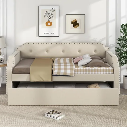 Vista 3 de Sofá cama tamaño individual con trundle, marco de sofá cama individual tapizado, sofá cama para dormitorio y sala de estar, beige