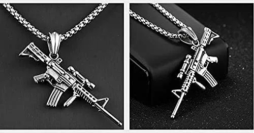 Vista 3 de tenghong2021 Collar de pistola de acero inoxidable Hip Pop AK47 estilo militar punk fresco colgante de rifle joyería para hombres y mujeres