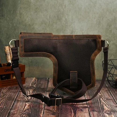Vista 4 de Lona resistente al agua más cuero motocicleta riñonera un hombro gota pierna muslo bolsa para hombres mujeres N211-8, Marrón, Estilo vintage retro