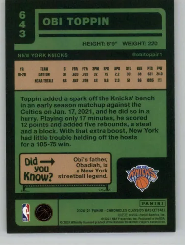 Vista 2 de 2020-21 Panini Chronicles #643 Obi Toppin NM-MT New York Knicks Basketball Trading Card