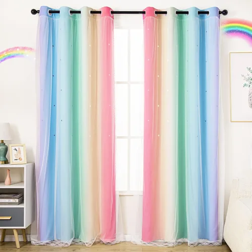 Vista 11 de UNISTAR - 2 paneles de cortinas opacas y transparentes con estrellas para dormitorio de niñas, niños, habitación de bebé, cortinas de doble capa