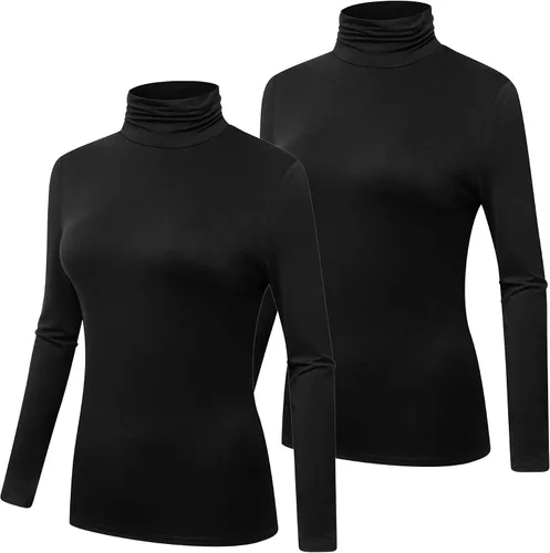 Vista 2 de Formeet17 Paquete de 2 camisetas de manga larga con cuello alto para mujer, básica, elástica, cómoda, cuello alto