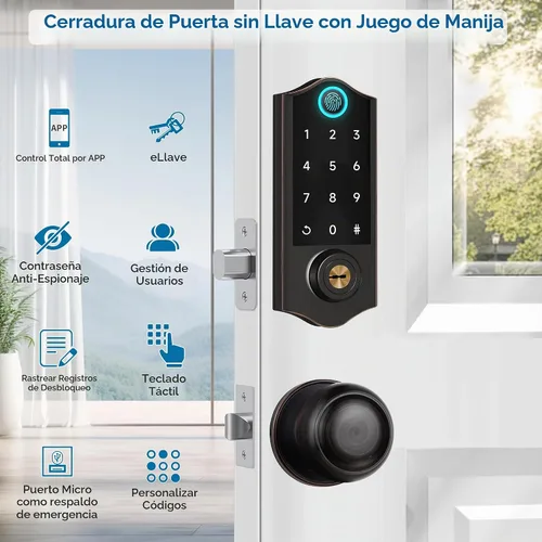 Vista 3 de Cerraduras inteligentes con huellas dactilares para puerta delantera con mango, control por aplicación, cerradura de puerta de entrada sin llave