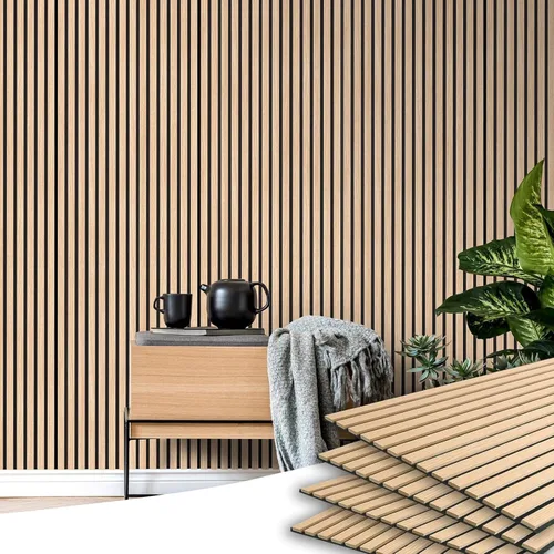 Vista 2 de Paneles acústicos de listones de madera de 4 piezas para una decoración elegante y reducción de ruido, panel texturizado 3D para techo y pared