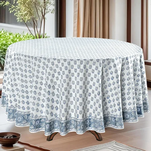 Vista 13 de Mantel redondo con estampado de bloque a mano, 100% algodón, reutilizable, color verde espárragos, 60 pulgadas, mantel decorativo para uso diario