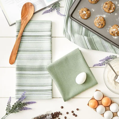 Vista 4 de DII Everyday Colección de toallas de cocina Urban Stripe, 20x30, verde alcachofa, 3 piezas