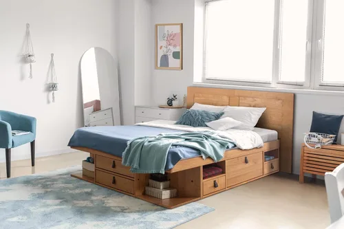 Vista 12 de Memomad Bali Set: Plataforma de almacenamiento con cajones + Cabecera con estantería (Tamaño individual, madera color marrón caramelo)