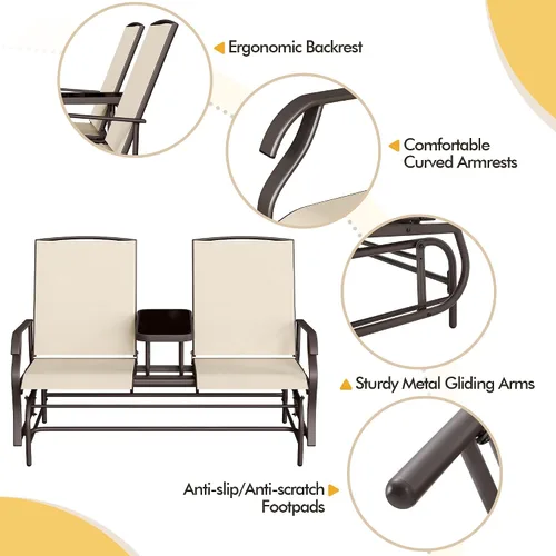 Vista 5 de Yaheetech Planeador de 2 asientos para exteriores con mesa central, sofá biplaza mecedora para patio con marco de metal resistente de malla Beige