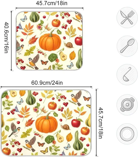 Vista 3 de Tapete de secado de platos de calabaza de otoño con girasol para encimera de cocina, absorbente, almohadilla de microfibra para secar platos