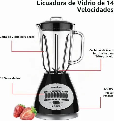 Vista 3 de EUROSTAR Batidora de tarro de vidrio de 14 velocidades de 450W (NEGRO)